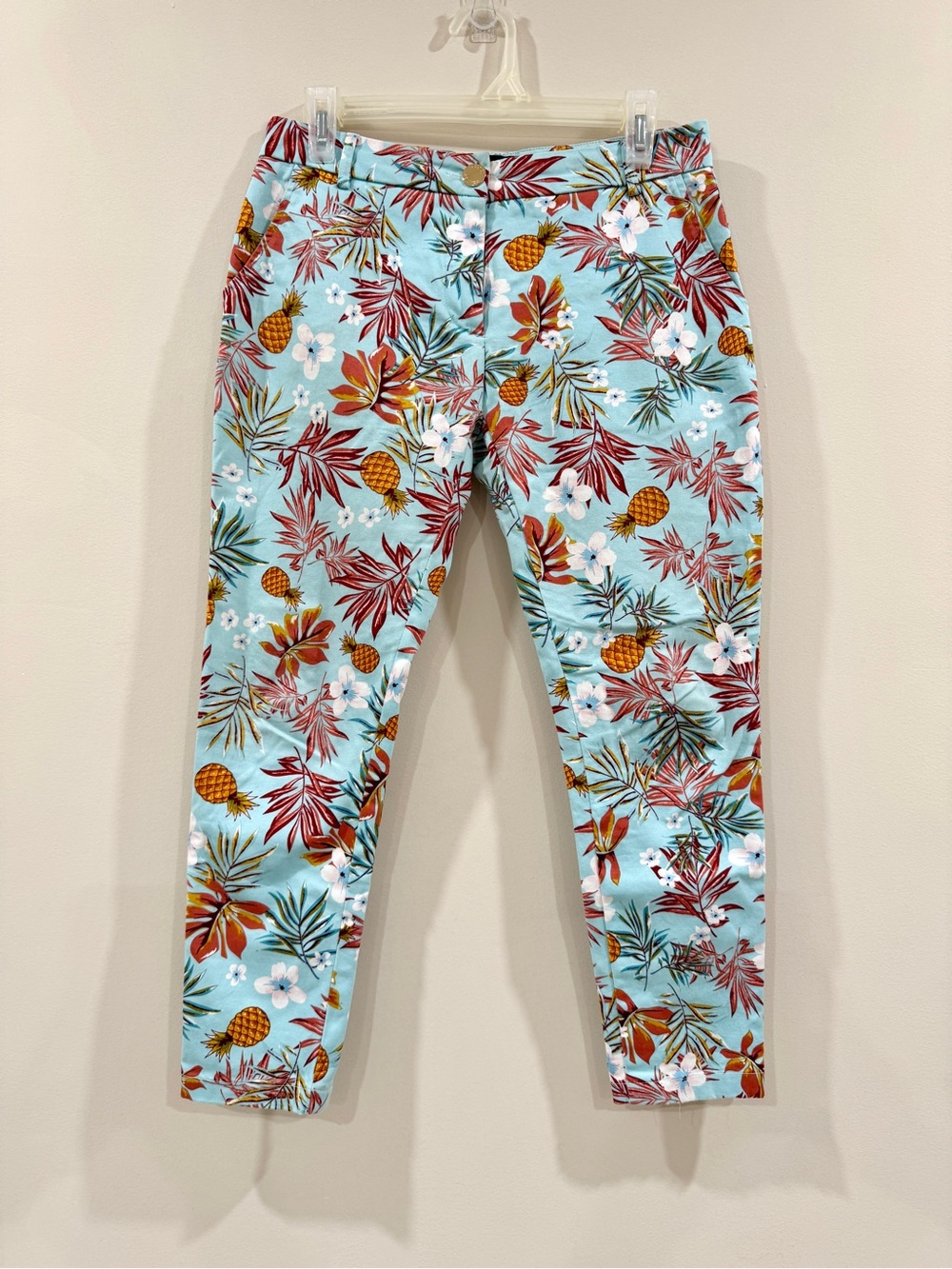 Studio F Tropical Pineapple Crop Cigarette Pants Stretch Size 8